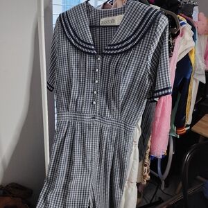 Navy Checkered Jump Suit with Sailor Collar VTG 1980s